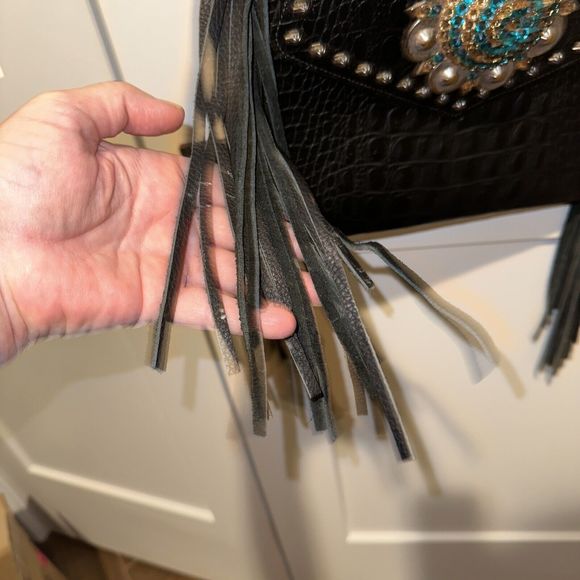 Raviani Fringe Satchel Bag In Black Alligator Embossd Leather Crystal Flower NWT - Picture 4 of 14